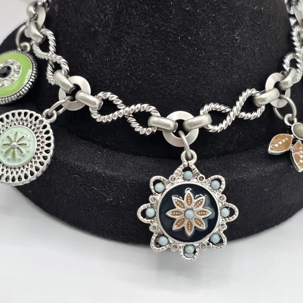 Lia Sophia Silver Tone Enamel Floral Charm Bracelet Green Brown Rhinestone 8.5in